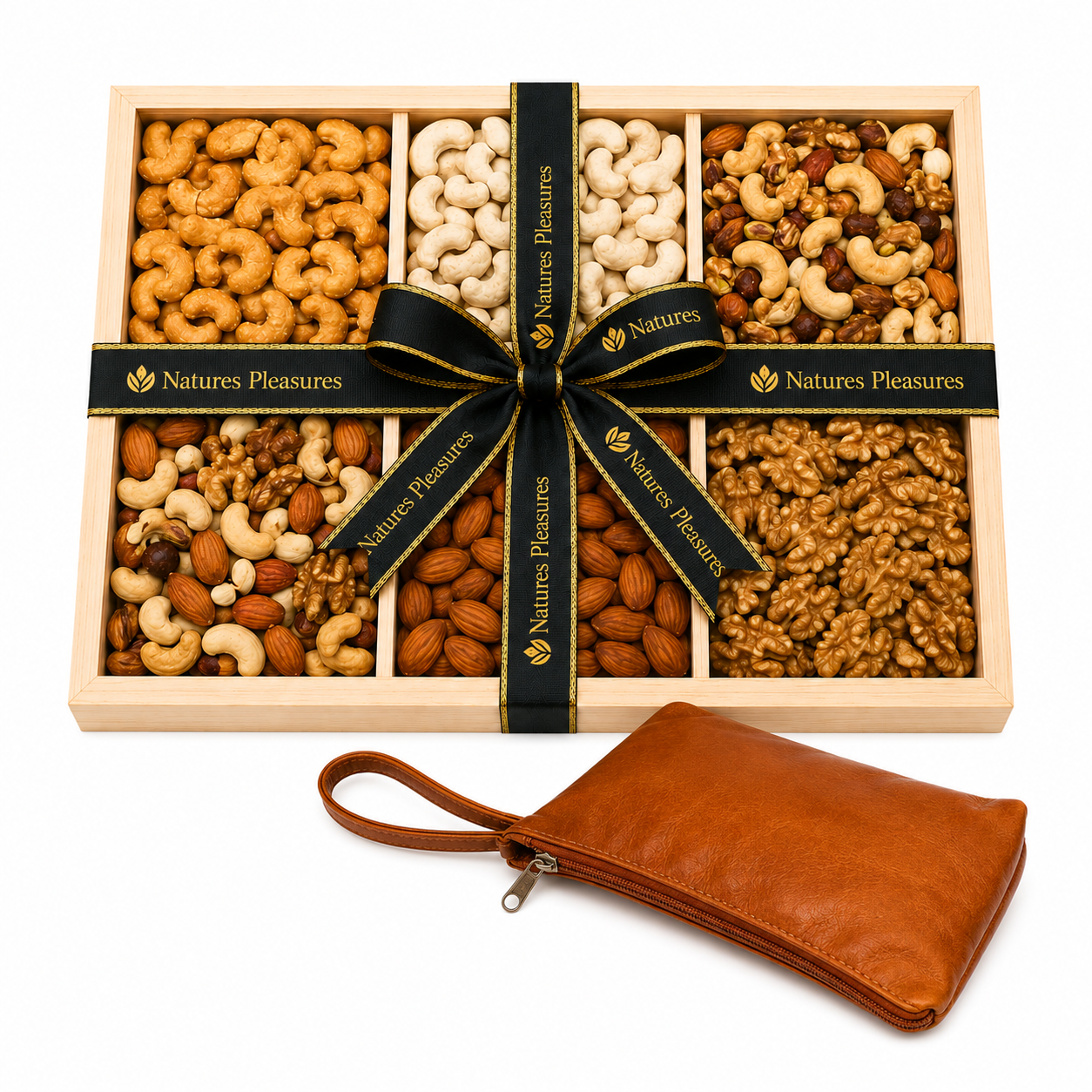 Health Conscious wooden gift tray with six nut compartments, presented with matching Nature's Pleasures genuine leather satchel