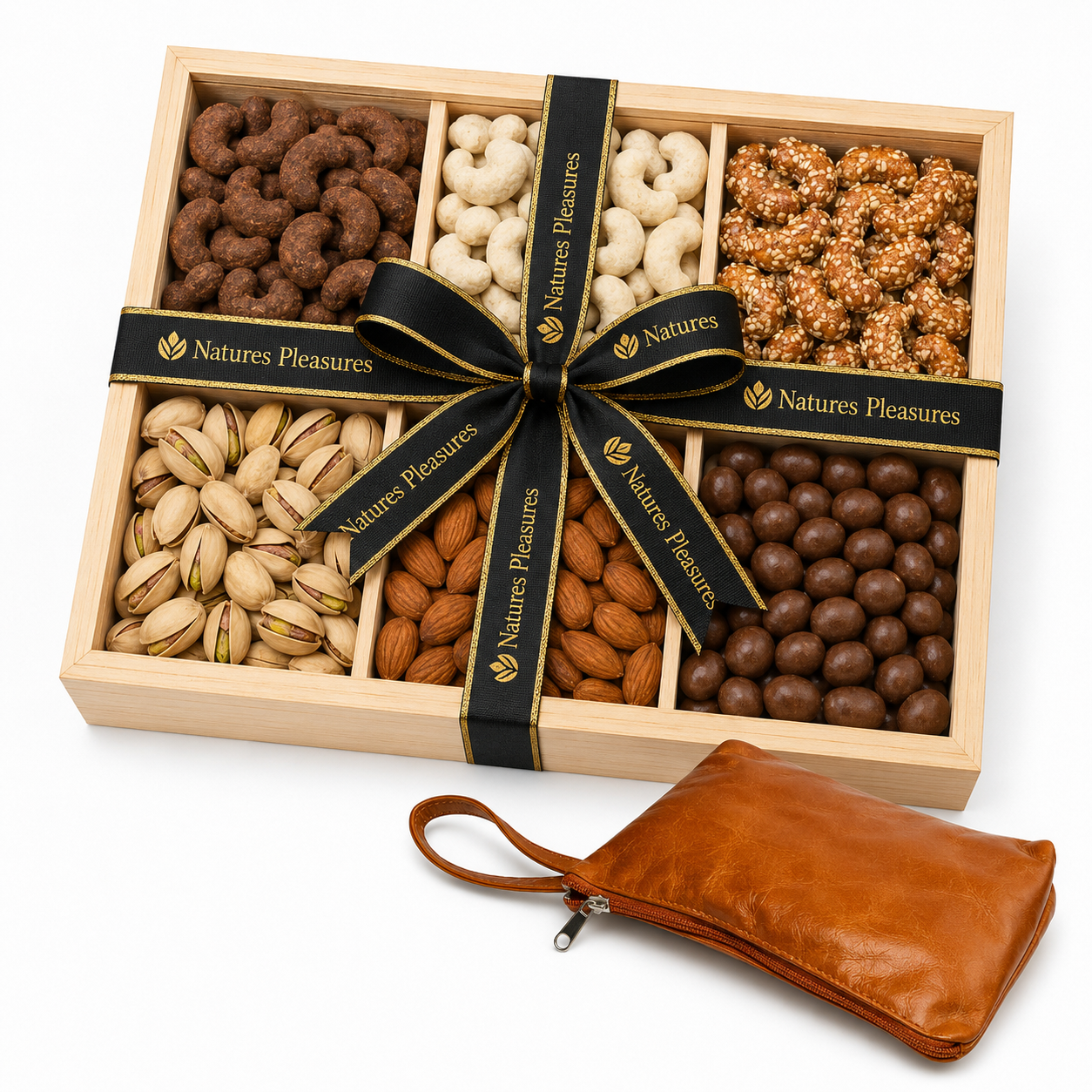 Sweet Tooth wooden gift tray with six coated nut compartments, presented with matching Nature's Pleasures genuine leather satchel